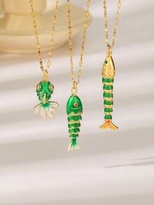 1条全新不锈钢项链，独特的鱼形彩色红色珐琅吊坠设计，波西米亚风格时尚项链，适合女性，适合节日、度假和日常佩戴。 - 金色 - 查看 1