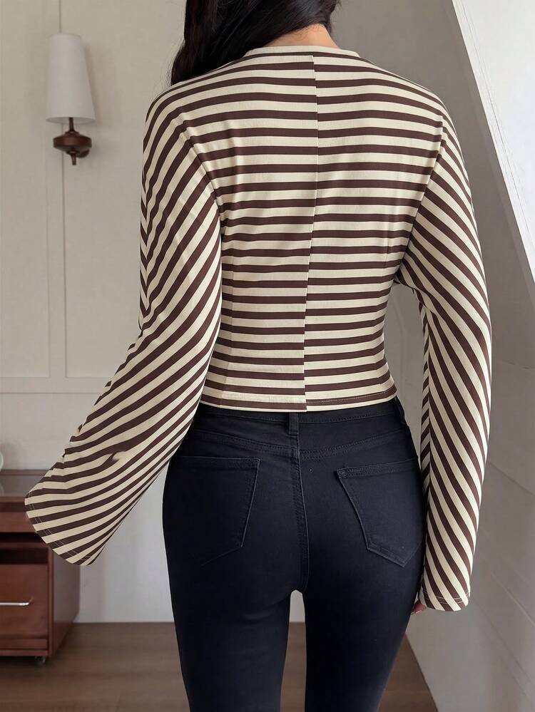 Minimalist Elegant Contrast Color Striped Waist Fitted Casual, Date, Street Wear Blouse For Women Spring - Brown - View 6