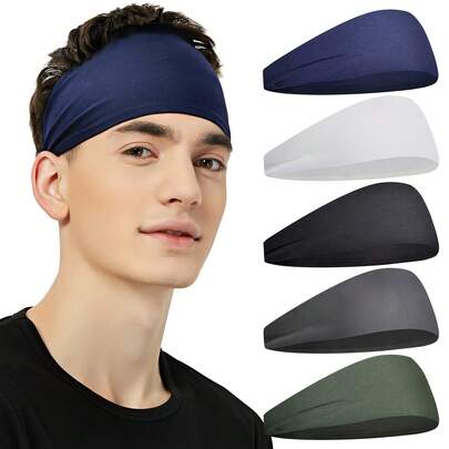 5pcs Men's Sports Headband - Sweat-Wicking, Non-Slip, And Breathable Fabric, Suitable For Running, Gym, Basketball, Tennis - Adjustable Headband For Men And Women