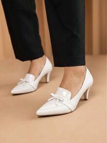 Women's Fashion Patent Leather Stiletto Heel Shoe, New Style, Medium Heel (6.5cm), Elegant Front Bow. - 白色 - 查看 4