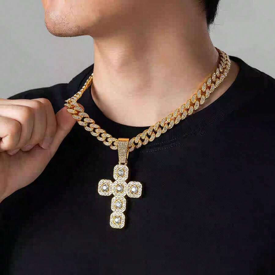 1pc Hip Hop Rhinestone Cross Cuban Chain Necklace, Men's Street Dance Outfit Accessory, Street Style, Music Festival Jewelry - Multicolor 5 - View 1