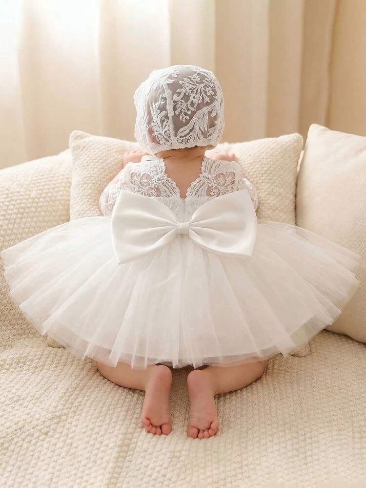 Vestido elegante de niña con encaje bordado y malla en corte A, con decoración de moño 3D, de manga corta, vestido versátil para fiestas, adecuado para salidas diarias, vacaciones, fiestas, cumpleaños, bodas y otras ocasiones - Blanco - Añade 2