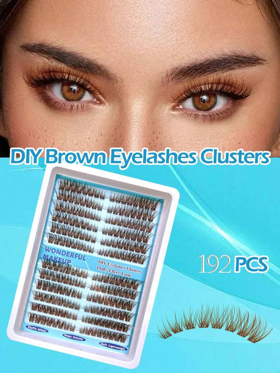 192Pcs Brown Cluster Lashes, Natural 3D Cat Eye DIY Lash Extensions, Fluffy Wispy Flares For Daily, Vacation & Travel Lash Lift, Lightweight Easy Apply |Brown Lash Clusters|Natural Brown False Lashes|Beauty Tools|