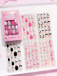 120pcs Kids Press On Nails For Girls, 5 Styles Press On Nails For Kids, 5Sheets Pink Black Heart Flower Cute Design Press On Nails Acrylic Fake Nails For Kids, Short Oval Acrylic Nails Set, The Perfect Valentine's Day And Christmas Gifts For Children - Multicolor - View 11