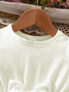 1pc Girls Casual Solid Color Soft Comfortable Knitted Ribbed Fabric Patchwork Strawberry Pattern Mesh Short Sleeve Dress, Suitable For Outdoor Wear, Spring/Summer - White - View 3