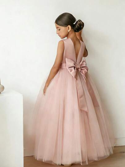 少女蝴蝶结装饰网眼拼布优雅派对公主裙，适合女孩生日派对、婚礼、花童、伴娘、正式场合