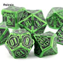 Asixsix Juego de 7 dados sólidos de metal verde y negro, adecuado para juegos de rol RPG y juegos de mesa - Albaricoque - Ver 4