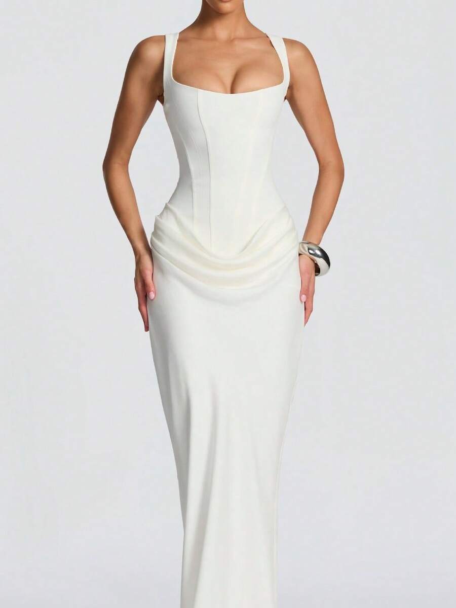 Women's New Spring Slim-Fit Fishbone Strap Long Dress Solid Color Bodycon Dress - 白色 - 查看 1