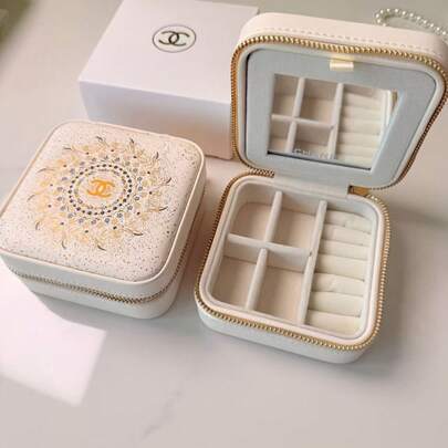 CHANEL High-Quality Faux Leather Jewelry Box, Elegant Embroidered And Logo Decorated, Ideal Dresser Jewelry Storage Box, Milky White