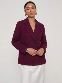 Women's Double-Breasted Lapel Casual Blazer, Spring/Summer - Burgundy - View 3