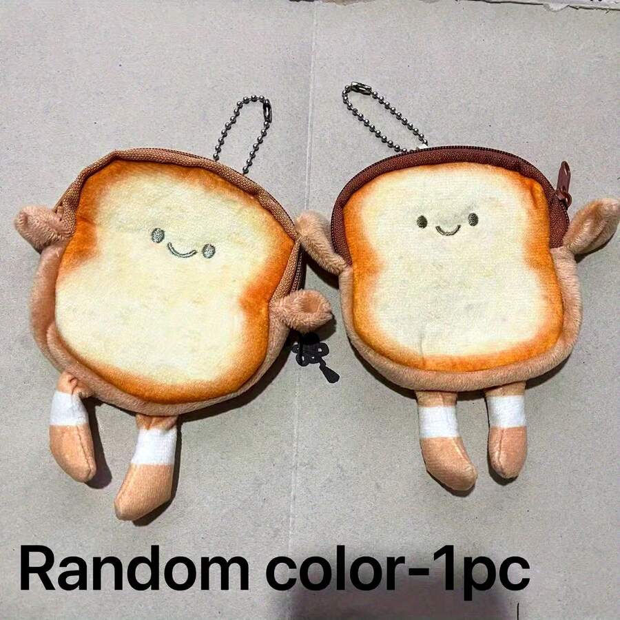 1pc Cute Toast Shaped Coin Purse With Keychain Pendant (No Keyring) - Lightweight, Backpack Hanging Accessory, Zipper Earphone And Small Item Storage Pouch