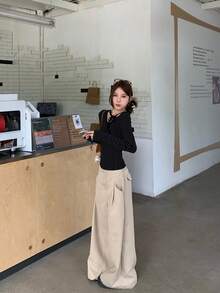 Áo thun nữ mùa xuân mới, kiểu dáng độc đáo, cổ tròn, tay dài, thắt nơ, chấm bi, dáng ôm, gợi cảm, thích hợp mặc thường ngày. - màu đen - Xem 7