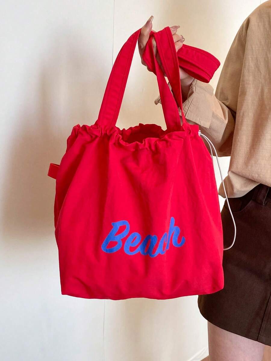 Bolsa con cordón 2026 nueva, bolsa de hombro de lona de gran capacidad, estampado de letras japonesas, material de nailon, bolsa de mano, adecuada para ir al trabajo - Rojo - Ver 1