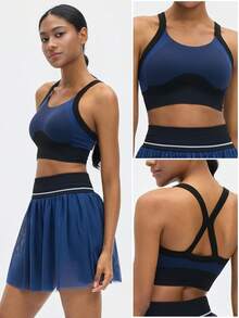 Leorrey Women's Fashion Contrast Color Ribbed Crew Neck Hollow-Out Back Camisole High Waist Mesh Pleated Anti-Exposure Lining Skirt Set - Blue - View 6