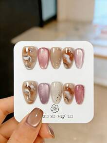 10 Pieces Of Handmade Almond-Shaped Press-On Nails. These Nails Feature A Stunning Gradient Finish Blending Amber, White And Black Shades, Paired With Pink And Purple Cat-Eye Effects And Dotted With Polka Dot Patterns. - Pink - View 1