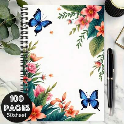 100-seitiges Spiral-Notizbuch mit Blumen- und Schmetterlingsmotiv, praktisch für Arbeit, Studium, Tagebuchschreiben, tägliche Planung, Notizen, ideal als Geschenk zur Graduierung, zum Geburtstag und für den täglichen Gebrauch
