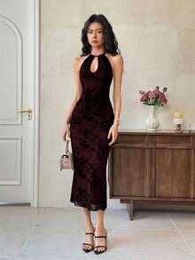 Women's Elegant Floral Flocked Sheer Backless Halter Mid-Length Dress  Women Dresses Birthday  Women Birthday Outfit Chinese Elements/Summer\Wedding Guest Dress\Party - Nhiều màu - Xem 6