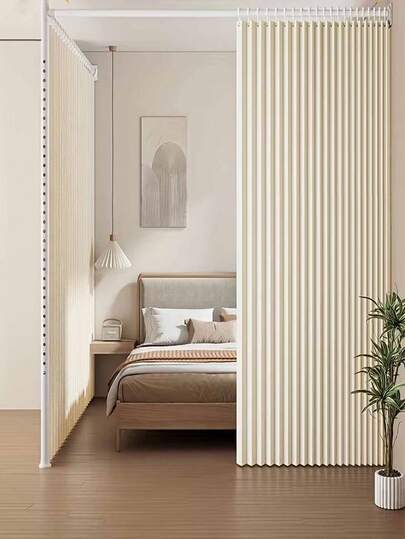 1pc High-Temperature Shaping Foldable Room Divider Curtain, Easy To Operate And Modernized, Sunshade Curtain Suitable For Study And Living Room, Fashionable Theme, With Hooks And Storage Strap, Easy To Maintain, Can Be Wiped Clean With Wet Wipes