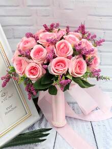 1支新款人造玫瑰手捧花束，适用于伴娘、新娘、婚礼用品、摄影、婚礼仪式、家居装饰 - 橘白色 - 查看 16