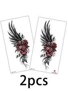 2pcs Fashionable Cool Temporary Tattoo Stickers, Couple Tattoo, Black Fake Tattoo, One-Time Use Tattoo, Wing, Rose, Flower Pattern, Waterproof, Non-Reflective, Easy To Apply And Remove, Highly Realistic, Suitable For Men Or Women On Chest, Leg, Arm, Waist, Abdomen, Foot, Music Festival Party Supplies,Sketch Style - Black - View 6
