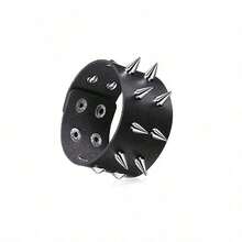 1/3/6 Pcs Set Black Leather Rivet Punk Goth Bracelet, Unisex - Black #1 - View 15