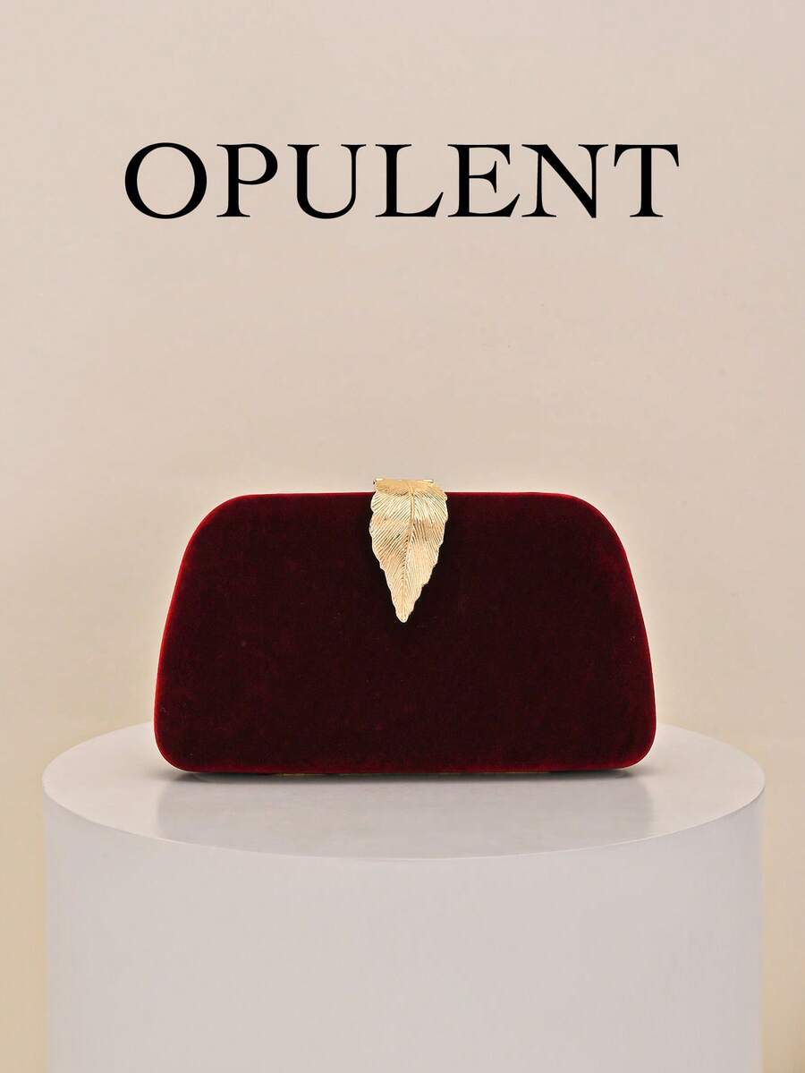 1 chiếc ví cầm tay nữ cổ điển màu đỏ tía sang trọng, chất liệu nhung, trang trí lá kim loại, thích hợp cho các buổi tối trang trọng, đám cưới, các dịp đặc biệt và năm mới. - Màu Đỏ Sâu - Xem 1