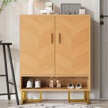 Modern, Minimalist Shoe Cabinet, Unique Wood Grain, Golden Iron Frame, Two-Door Storage Cabinet, Narrow Shoe Cabinet, Shoe Rack, Shoe Cabinet For Hallway/Entrance Hall - View 2