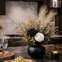 A Luxurious Artificial Flower Bouquet, Featuring Black And White Roses As The Main Elements, Complemented By Golden Spiral Leaf Accents And Cattail Grass. This Faux Flower Arrangement Adds A Gothic Charm To Your Living Room Table Or Bedroom Vanity. - Gold - View 1