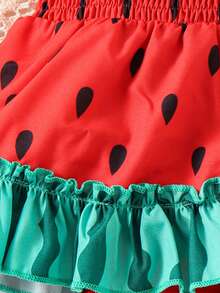 1pc Newborn Baby Cute Colorblock Polka Dot Suspender Ruffle Dress, Bohemian Vacation Style - Red - View 6