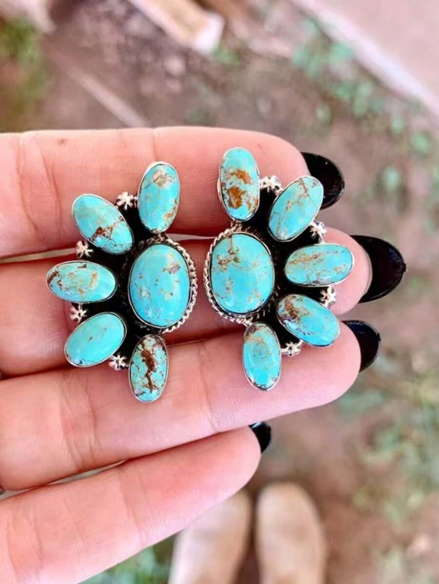 1 Pair Retro Bohemian Style Flower Design Faux Turquoise Stud Earrings, Jewelry Gift Suitable For Women's Party And Travel Wear - Antique Silver - View 1