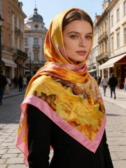 1pc Mother's Day Atmosphere Painting Print 90*90cm Square Scarf, Versatile Spring/Summer Shawl, Travel, Beach, Vacation Accessory For Women