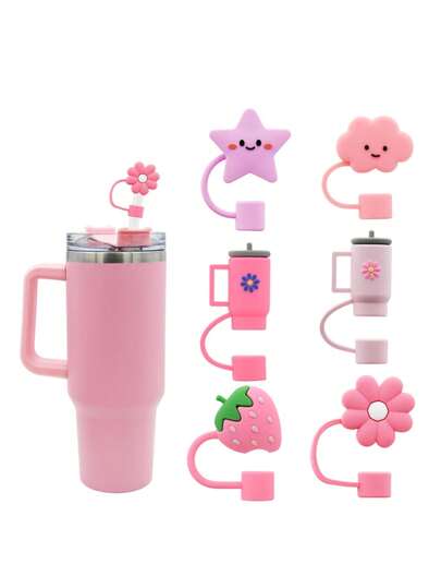 Compatible With Stanley Cup Accessories 6Pcs Pink Cue Straw Cover Cap For Cup 40 30oz Tumbler, 10mm Reusable Cute Drinking Straw Topper Accessories, Portable Protector Plugs Decorations Gifts For Party Cute Cartoon Flower Straw Dust Cover,