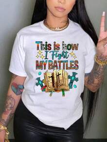 Slogan Graphic Tee Comfortable Cotton T-Shirt - trắng - Xem 1