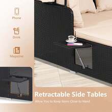 Patio Rattan Daybed Lounge Retractable Top Canopy Side Tables Cushions - 米色 - 查看 6