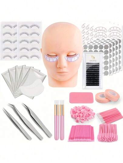 SRCKFIZ Kit de extensión de pestañas, que incluye cabeza modelo, pinzas, brochas, soporte de pestañas, aplicador, pegamento y protectores de dedos, herramientas para que los principiantes practiquen la extensión de pestañas