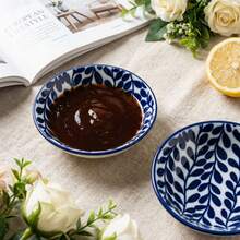 2pcs 3.75-Inch Ceramic Dipping Sauce Dishes, Japanese Blue & White Glazed Leaf Pattern Round Soy Sauce Plates, Smooth Glaze Surface, Easy To Clean, Microwave, Dishwasher & Oven , Suitable For Soy Sauce, Vinegar, Chili Oil, Mustard, Nuts, Home Dining, Hot Pot, Sushi, Grill - Royal Blue - View 3