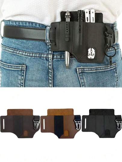 1 st multiverktygsbälteshölster, EDC-bältesväska med multifunktionell verktygshållare, ficklampshållare, pennhållare och nyckelklämma, praktisk EDC-bältesväska för män, multifunktionellt verktygsfodral lämplig för bälte, läderhölster för ficklampa, handgjort förvaringsfodral med 3 fickor, campingutrustning