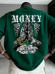 Zrgoth Camiseta de manga corta casual y versátil para hombres con estampado de elemento de dinero simple - Verde Oscuro - Ver 1