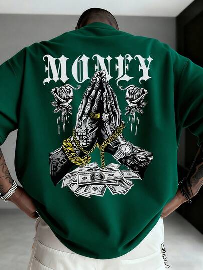 Zrgoth Camiseta de manga corta casual y versátil para hombres con estampado de elemento de dinero simple