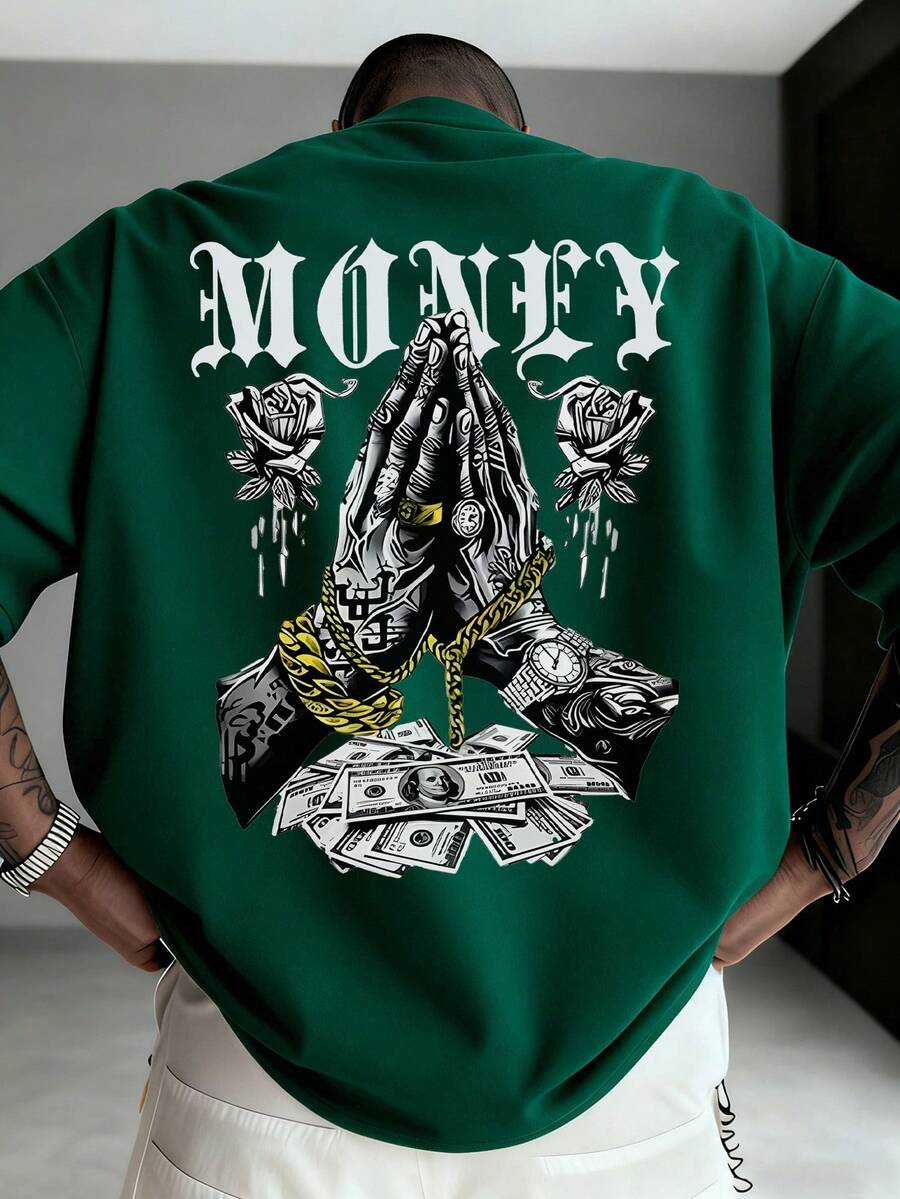 Zrgoth Camiseta de manga corta casual y versátil para hombres con estampado de elemento de dinero simple - Verde Oscuro - Ver 1