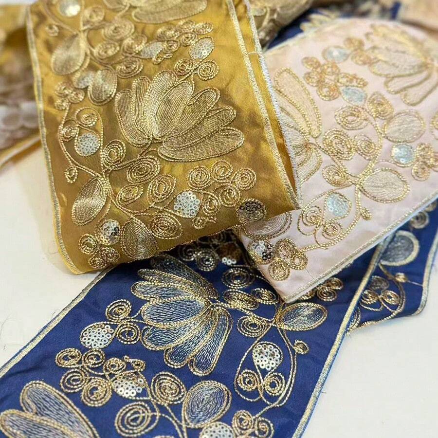 100厘米刺绣欧根纱缎带 - 花卉和菱形图案,饰以金色金属光泽,高品质面料,适合DIY服装、配饰、家居装饰 - 混色,缝纫饰边,时尚装饰,闪亮点缀 - 黃色 - 查看 1