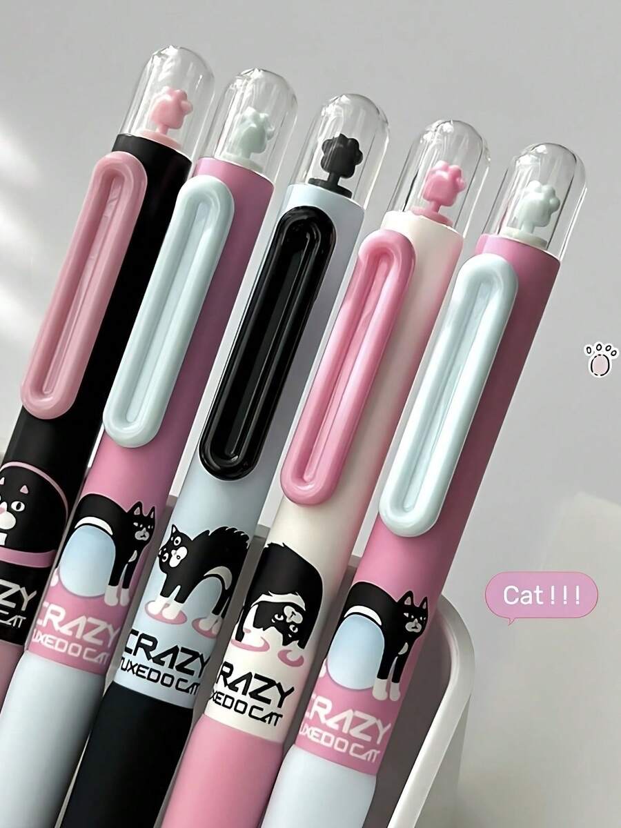 1/4pcs Cute Cow & Cat Capsule 0.5mm Black Gel Pen, Smooth Writing, Retractable Cat Paw Design, Suitable For Girls And Kids - Multicolor - View 1