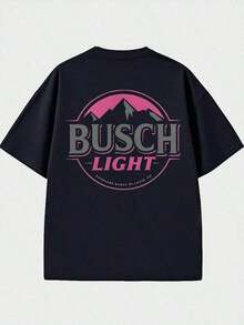 Women's Summer Tops Summer Tops Retro Style T-Shirt With Busch Light Beer, Mountains And Sunset Print 100% Cotton, 220g, Print On Both Sides Loose And Comfortable Fit Summer Clothing Cotton T-Shirt - 黑色 - 查看 3