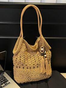 2025新款镂空单肩包，大容量沙滩编织手提包，适合度假 - 卡其色 - 查看 5