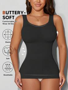 Women's Autumn Seamless Slimming Vest, Crew Neck, Tummy Control Casual Black Summer - Black - View 3