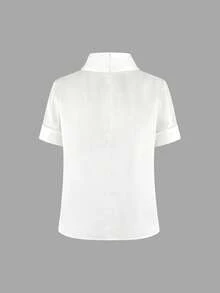 女士春夏休闲简约日常通勤百搭商务优雅街头风小立领插肩袖镂空褶裥后拉链白色缎面梭织衬衫 - 白色 - 查看 4