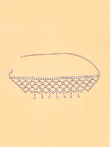 1pc Silver Rhinestone Grid Choker Necklace With Tassel, Fashion Jewelry Necklace For Women, Party Accessory Gift - Silver - View 2