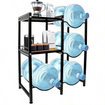 MU:4LIFE Estantería Soporte con Repisas para 4 Botellas Garrafón De Agua Rack Organizador Acero Duradero con 3 Niveles con Estantes de Alenamiento para Vasos para Cocina y Oficina Negro