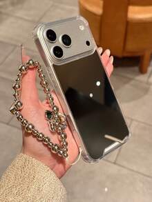 1pc Black Framed Makeup Mirror Phone Case, Electroplated Heart & Bow Decor Protective Phone Case Compatible With Samsung/ Models, 11/12/12Pro/12ProMax/13/13Pro/13ProMax/14/14Pro/14ProMax/15/15Pro/15ProMax/16/16Pro/16ProMax/16Plus/17/17Pro/17ProMax/AIR - Silver - View 5