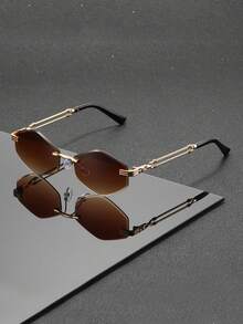 Classic Gold-Frame Unisex Rimless Fashion Glasses With Polygonal Design, Protection, Urban Fashion Style - Multicolor - View 7